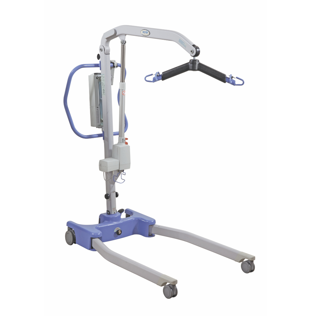 The Joerns Hoyer Advance Professional Electric Patient Lift has a metal frame, four wheels, padded spreader bar, handle, side control panel, and tapered leg design for safe transfers and easy maneuverability.